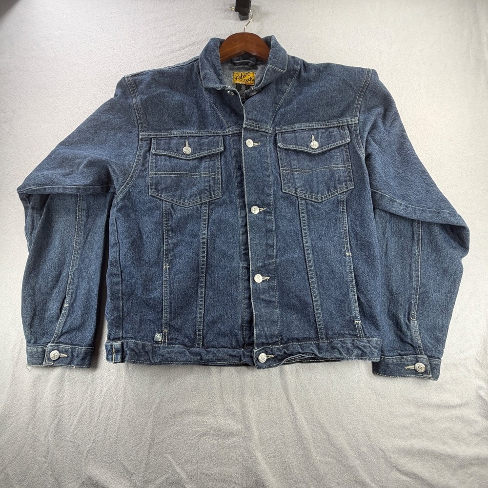 Robert Stock Denim Jacket Mens XL Blue Trucker Boxy 90s Y2K Graphic - Picture 2 of 10